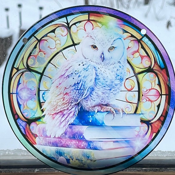 Suncatcher Acrylic White Owl Bird Faux Stained Glass Decorative Home Decor - Picture 2 of 2